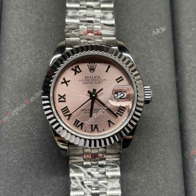 1:1 Swiss Replica Clean Factory Rolex Lady Datejust 28 White Gold Pink Roman Face Jubilee Strap
